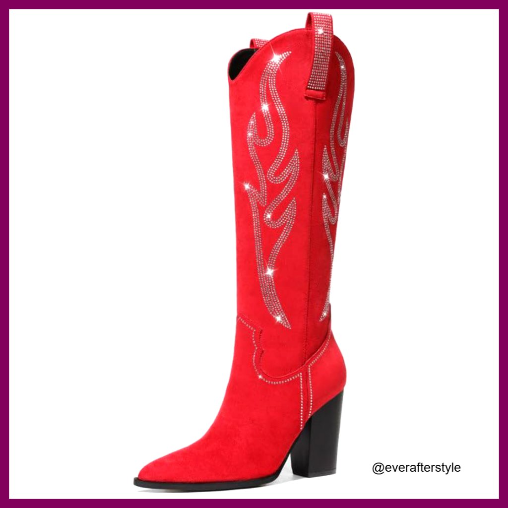 Women's Suede Knee High Cowboy Boots Rhinestone Embroidered Western Chunky Heel